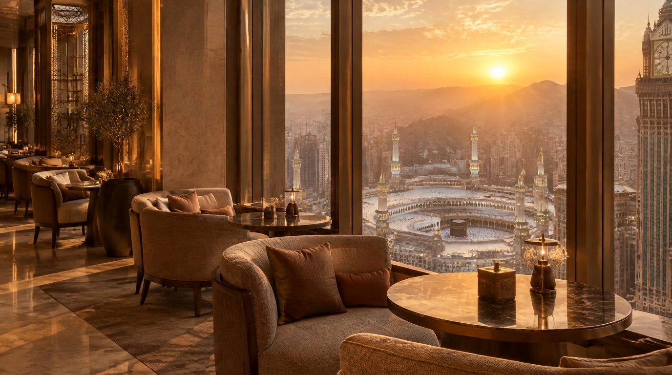 A quiet café at golden hour overlooking the Grand Mosque from high in the Clock Tower