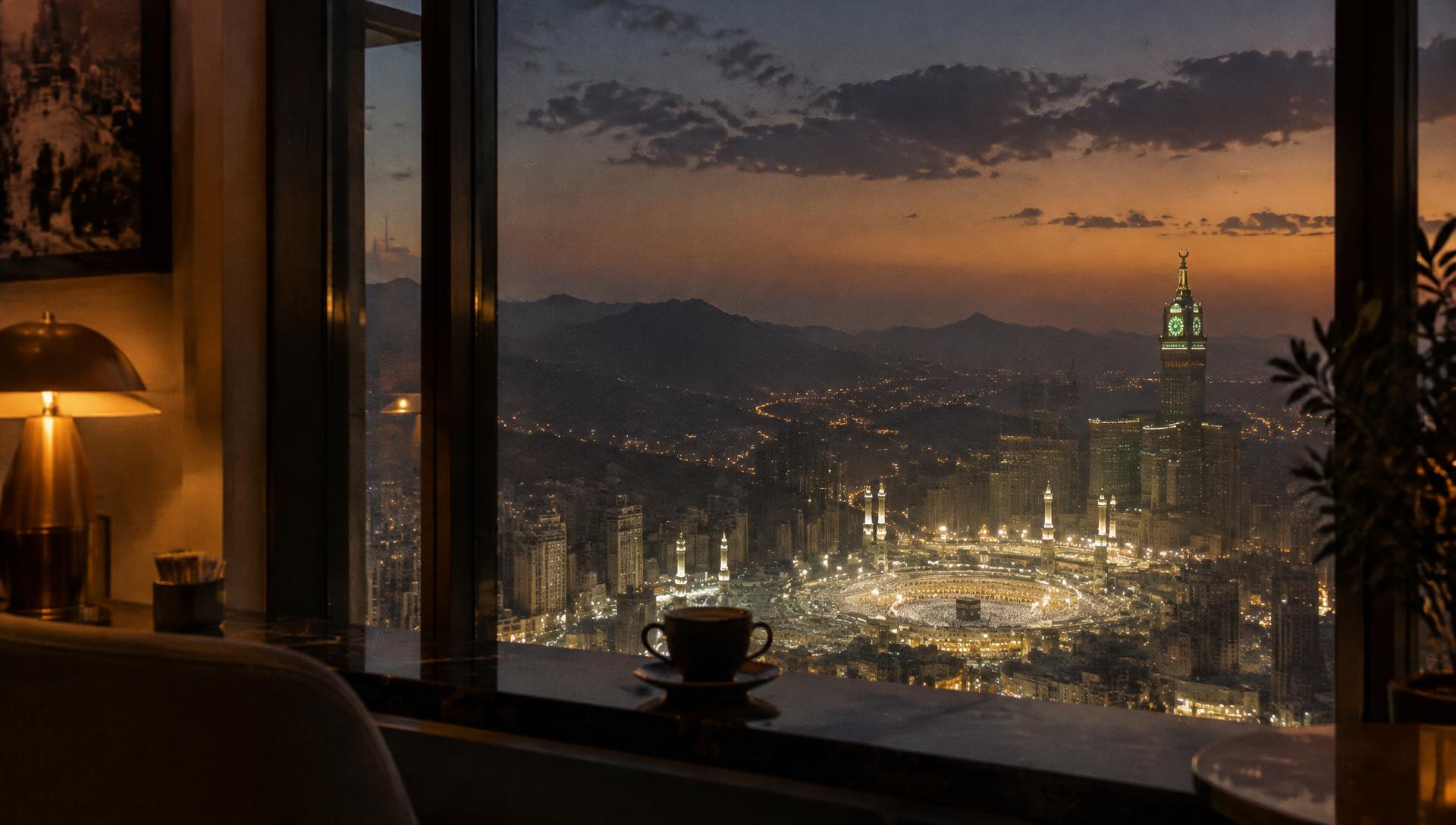 The Grand Mosque glowing at dusk, seen through a café window