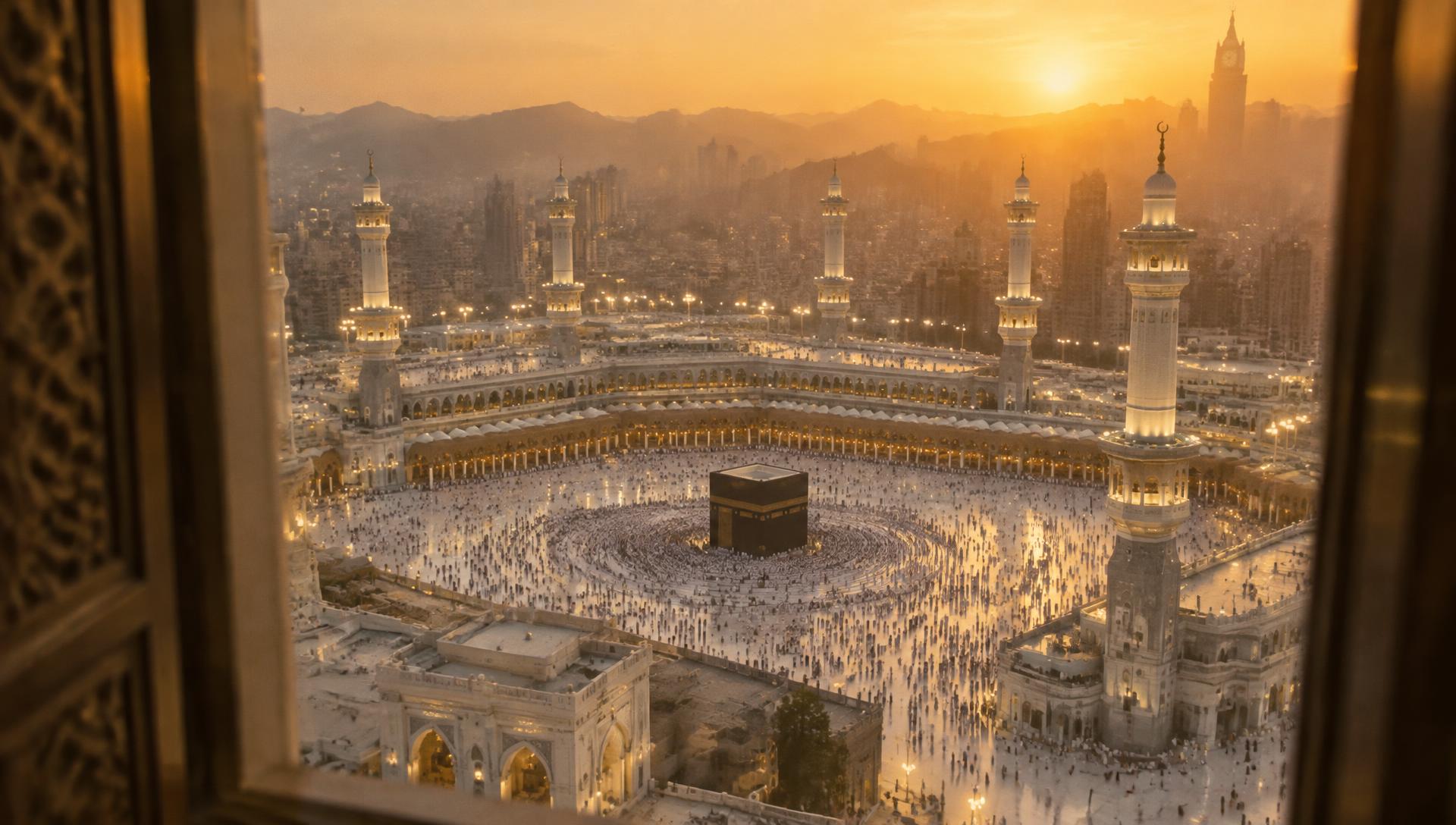 The courtyard of the Grand Mosque seen from far above at golden hour